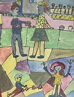 Charming Primitive Postmodern Gouache Painting Orig Naïve Art 39” x 30” Framed