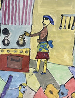 Charming Primitive Postmodern Gouache Painting Orig Naïve Art 39” x 30” Framed