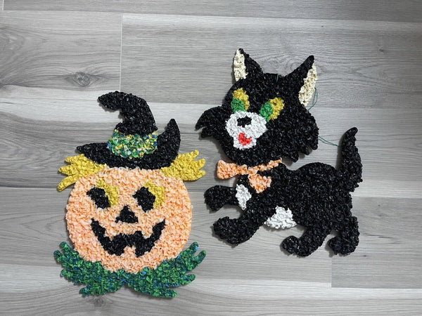 (2) Vintage Melted Plastic Popcorn Halloween Black Cat & Pumpkin Decorations
