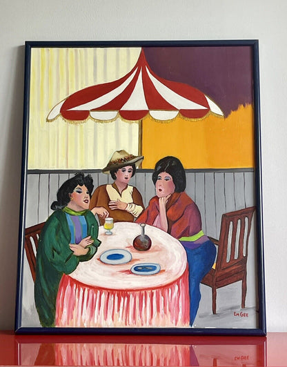 Original Vintage Acrylic Painting on Canvas Signed Ladies Lunch 25” x 31” Framed