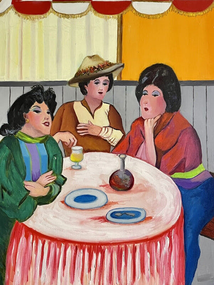 Original Vintage Acrylic Painting on Canvas Signed Ladies Lunch 25” x 31” Framed