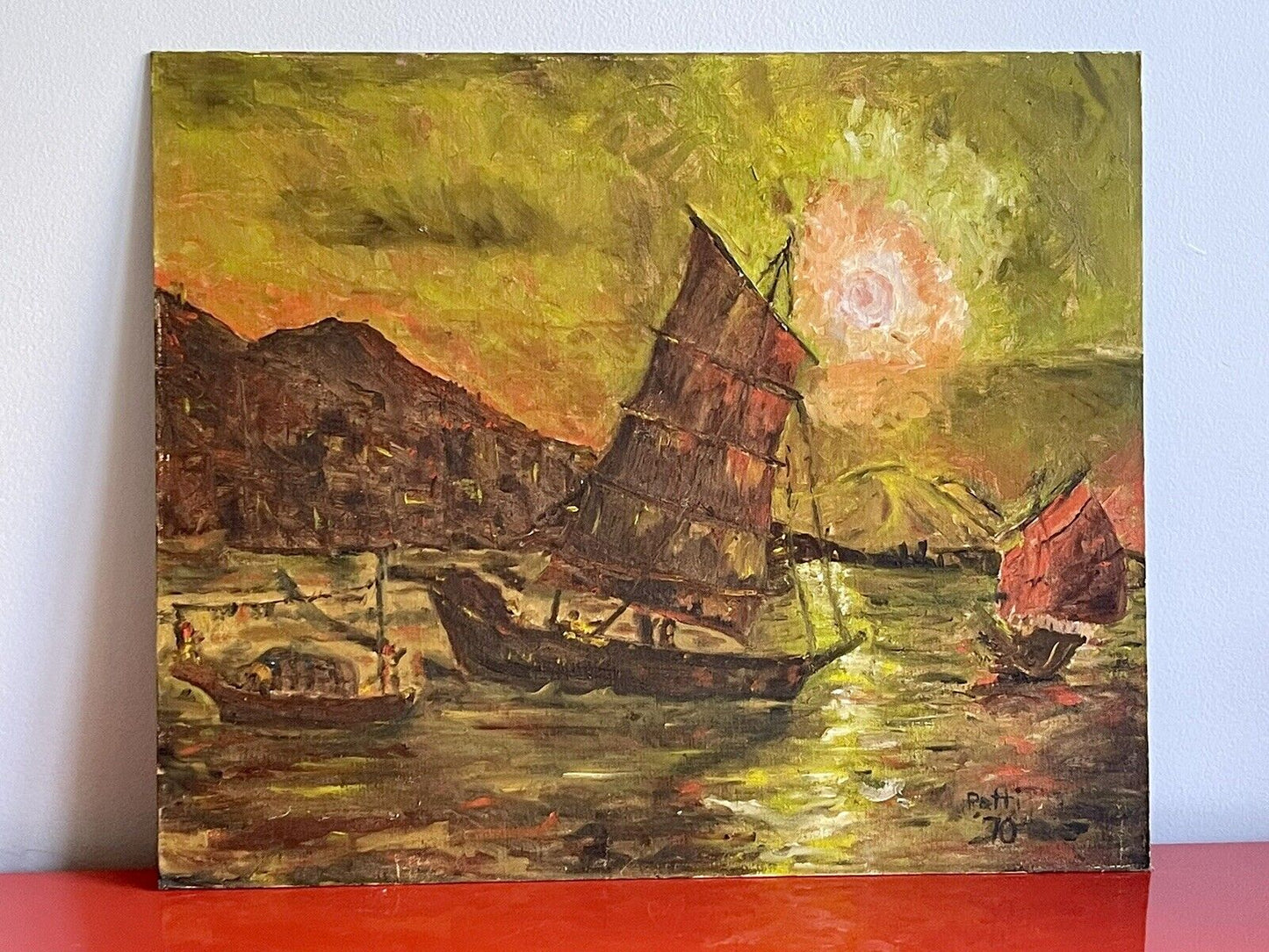 Orig Vintage Oriental Sailing Ships Painting on Board 20” x 24” MCM Mod Kitsch
