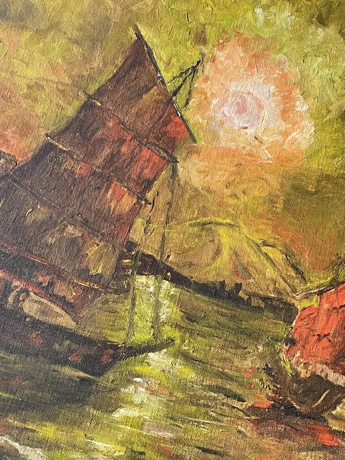 Orig Vintage Oriental Sailing Ships Painting on Board 20” x 24” MCM Mod Kitsch