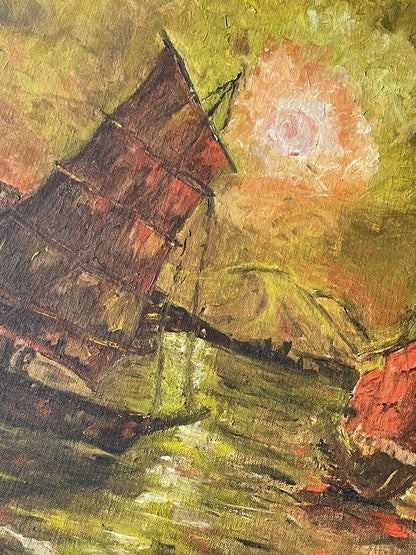 Orig Vintage Oriental Sailing Ships Painting on Board 20” x 24” MCM Mod Kitsch