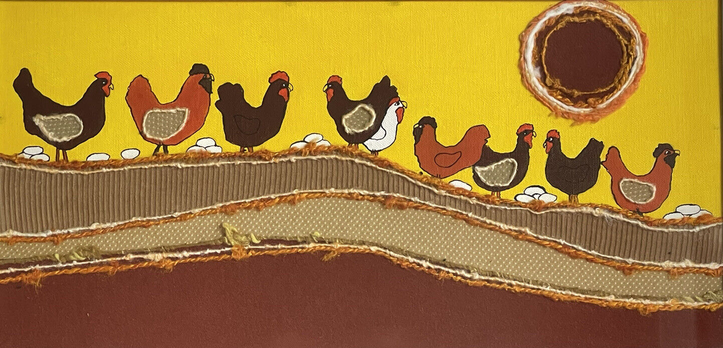 Chickens Hens Eggs Unique Painted Yarn Patchwork Fabrics Mixed Media Art Vintage