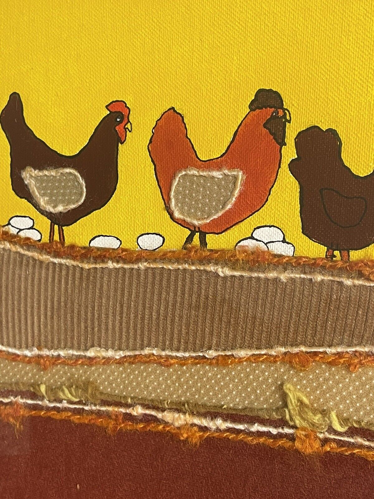 Chickens Hens Eggs Unique Painted Yarn Patchwork Fabrics Mixed Media Art Vintage