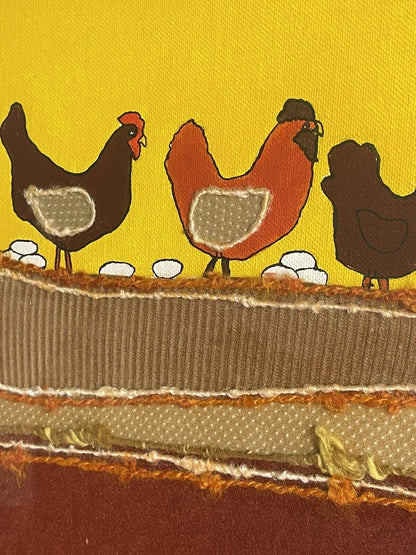 Chickens Hens Eggs Unique Painted Yarn Patchwork Fabrics Mixed Media Art Vintage