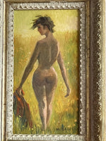 Nude Among Flowers Orig MCM Impressionist Art Painting Carved Daisy Frame Signed