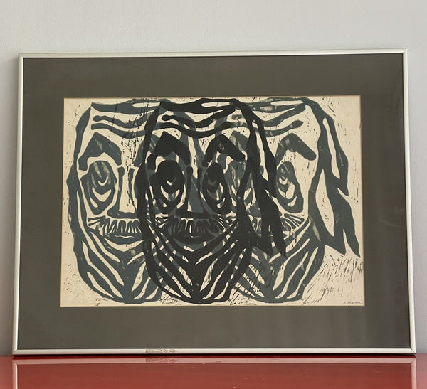 Modernist MCM Linocut Abstract Faces ? Fine Art Print Signed B. Paston Framed